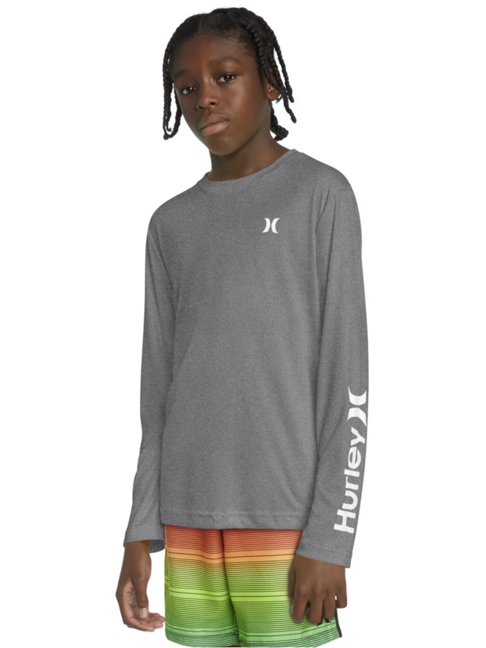 Hurley Boys UPF 50 Rash Guard Gray Long Sleeve Swim Shirt Size S 8-10‎ NWT